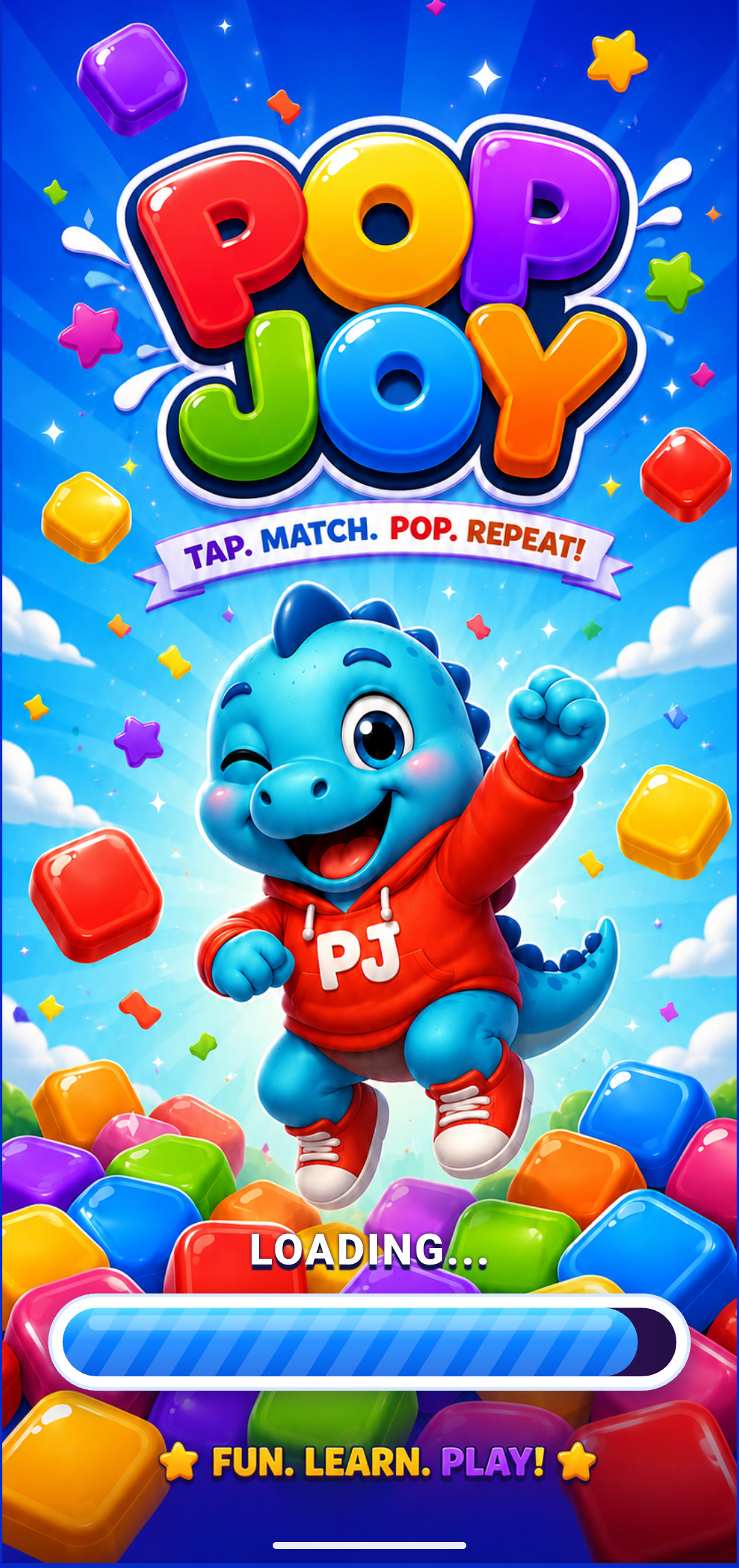 Pop Joy loading screen with the PJ dino mascot